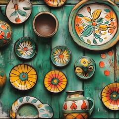 Vibrant pottery collection on teal wood