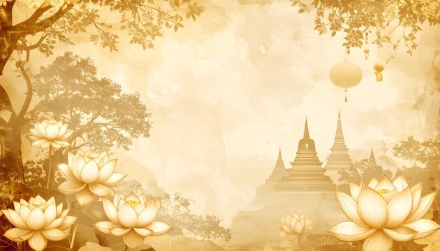Vintage Buddhist Background with Lotus, Bodhi Tree, and Sepia Manuscript Texture for Vesak Day