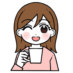 コップを持つウインクで笑う女性のイラスト