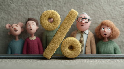 Percentage Dilemma: A surprised family stares at a giant percent symbol, highlighting financial anxiety. A perfect representation of economic uncertainty.