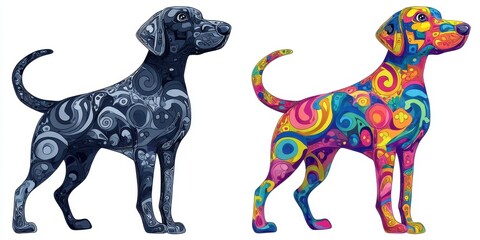 Two decorative dog silhouettes in contrasting color palettes.