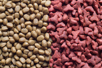 Different dry pet food. Red and brown pet food.