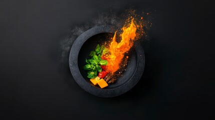 Explosive culinary creativity: A vibrant mix of fresh herbs, spices, and vegetables flying off a dark plate in a dramatic food art presentation