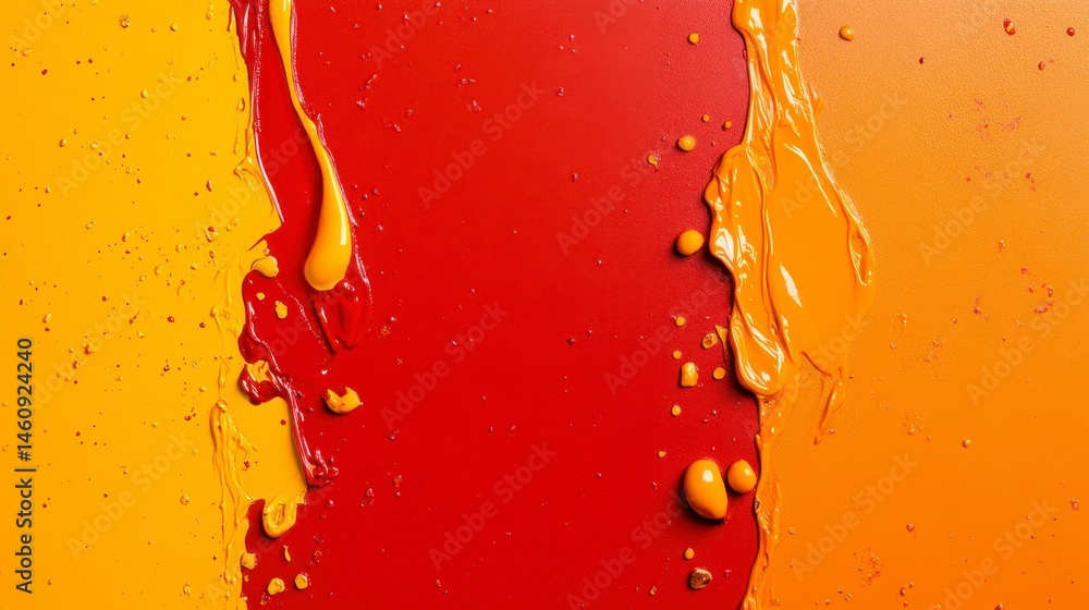Poster vibrant abstract painting with bright red and yellow paint drips creating a dynamic and energetic vi