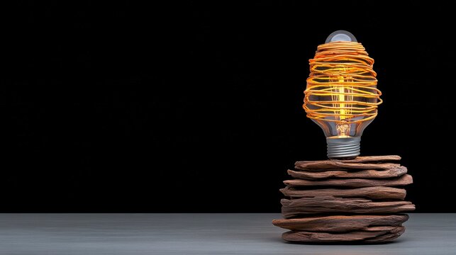 A vintage-style light bulb wrapped in decorative wire rests atop a stack of textured wooden pieces against a stark black background