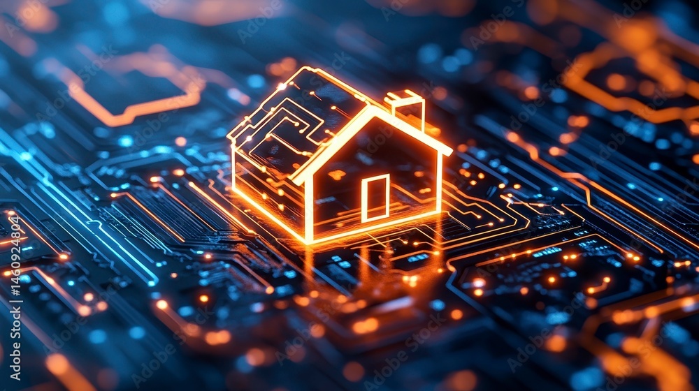 Poster a futuristic home icon glowing against a backdrop of intricate circuit board patterns representing t