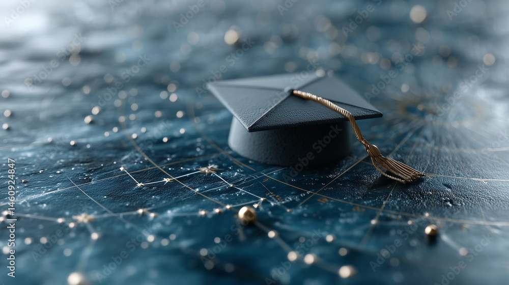 Poster graduation cap on network: a symbolic graduation cap rests on a complex network, representing the in