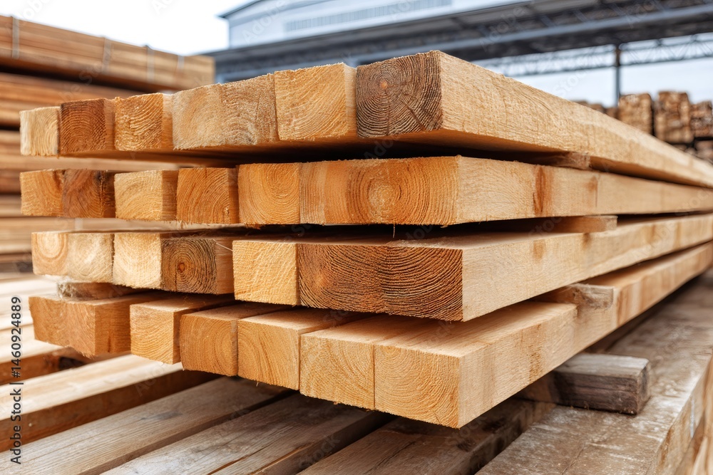 Poster stack of square logs forming a geometrical pattern in lumber yard