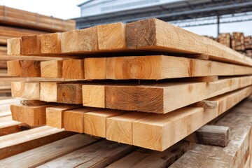 Stack of square logs forming a geometrical pattern in lumber yard