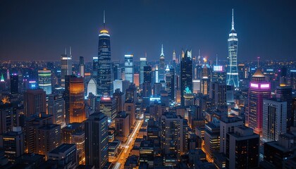 Obraz premium Nighttime Aerial View of Illuminated City Skyline