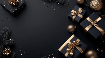 Festive black and gold gift boxes and ornaments on dark background.