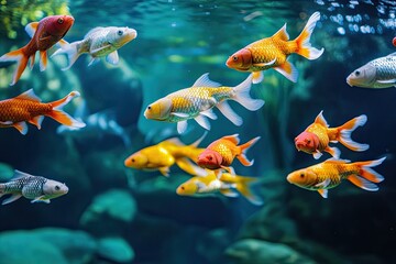 Fototapeta premium Colorful fish swimming in an aquarium. A variety of goldfish in a vibrant underwater scene