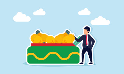 Businessman standing beside wallet filled with light bulbs illustrating stock ideas and business innovation