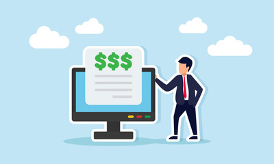 Businessman standing beside personal computer monitor displaying dollar-marked document illustrating digitalization of business financial reports