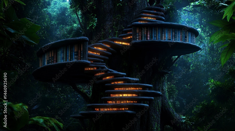 Poster enchanting treehouse library nestled in a lush rainforest setting, illuminated with soft glowing lig