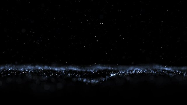 Seamless loop dark glitter dotted waves with flicker particles copy space black background.