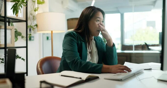 Stress, office and business Asian woman on laptop with worry for mistake, financial crisis and deadline. Professional, corporate and frustrated person on computer with error, audit and debt review
