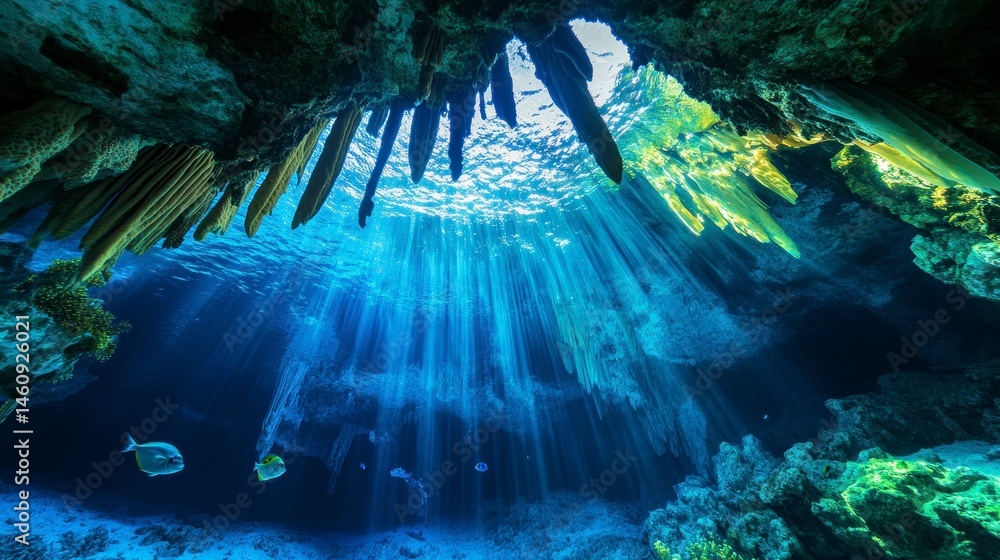 Poster underwater cave with mesmerizing light beams and unique rock formations creating a serene marine env