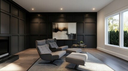 Living room with grey recliner chair and black panel wall, blending modern comfort