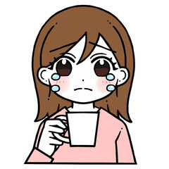 コップを持つ涙を流して泣く女性のイラスト