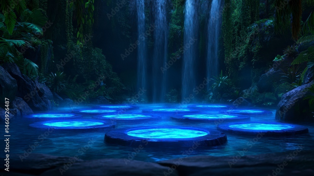 Poster a mystical illuminated pool surrounded by vibrant vegetation and cascading waterfalls in an enchante