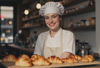 Smiling female baker presenting freshly baked croissants in a cozy caf&eacute;