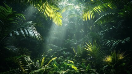 Lush tropical foliage bathed in sunlight filters through dense canopy.