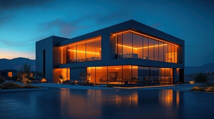 Fototapeta premium Modern house illuminated by warm light at twilight.