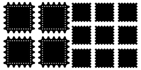 blank black postage stamps with scalloped edges are arranged in a slightly overlapping grid on a white background.