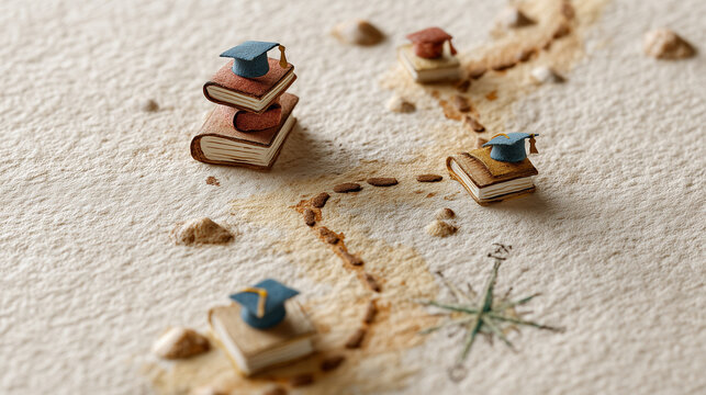 The Scholarly Journey: A miniature depiction of the journey through education, featuring books, mortarboards, and a compass, all delicately arranged to evoke the spirit of learning.