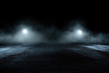 Empty asphalt road at night, bathed in ethereal blue light. Fog and mist fill the air