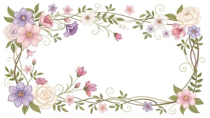 Elegant Floral Frame with Pastel Flowers and Green Leaves Illustration for Decoration