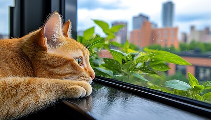 Ginger cat gazes at city skyline