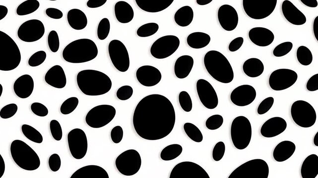 Scattered black oval spots on white background create modern and abstract pattern similar to Dalmatian's coat