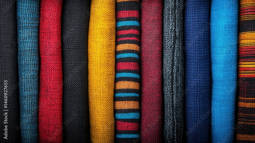 Poster a vibrant collection of folded fabrics showcasing a variety of textures, patterns, and colors in a n