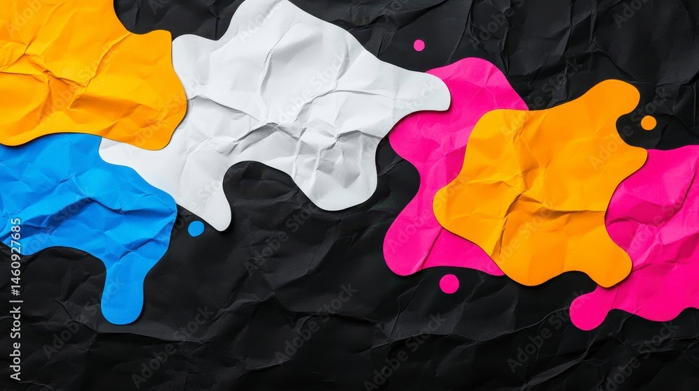 Poster colorful abstract shapes on crumpled black background creating a vibrant and dynamic artistic compos