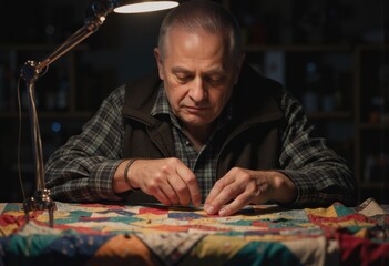 Elderly man carefully sewing a colorful quilt in a cozy workshop
