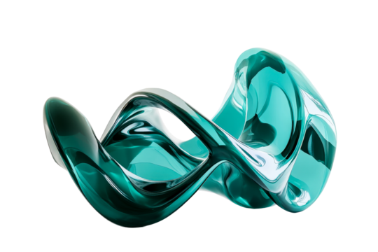 Abstract turquoise glass shape, fluid and flowing form, cut out transparent