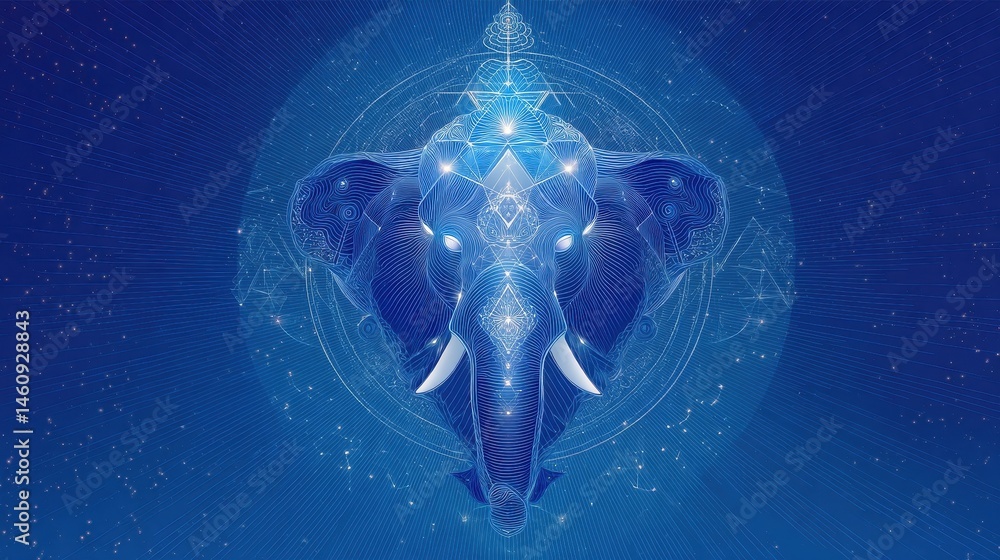 Poster mystical elephant design with ethereal geometric patterns.