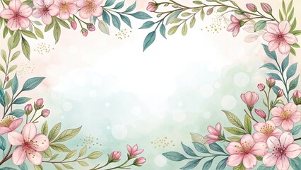 Elegant watercolor floral frame with pink cherry blossoms and delicate foliage