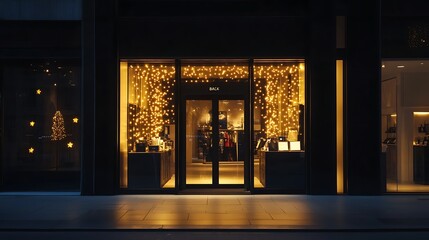 Illuminated storefront at night, showcasing festive lighting.