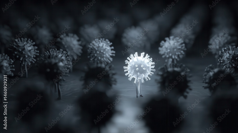 Aufkleber highlighted microscopic virus particle amidst a dense cluster.
