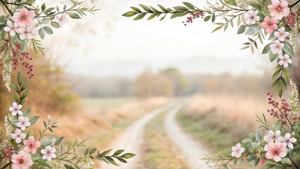 Autumnal landscape featuring a winding path framed with watercolor florals