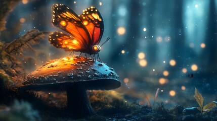 Whimsical tiny creature with glowing eyes and butterfly wings perched on a mushroom in a mystical forest scene