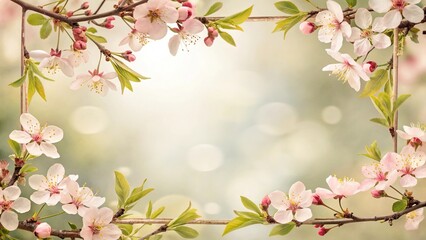 Delicate Cherry Blossom Frame with Pastel Green Backdrop and Soft Bokeh Effect