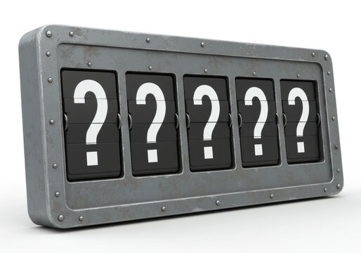 Metal clock covered in question marks. - Powered by Adobe