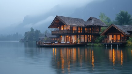 Fototapeta premium Lakeside cabins illuminated by soft evening light.