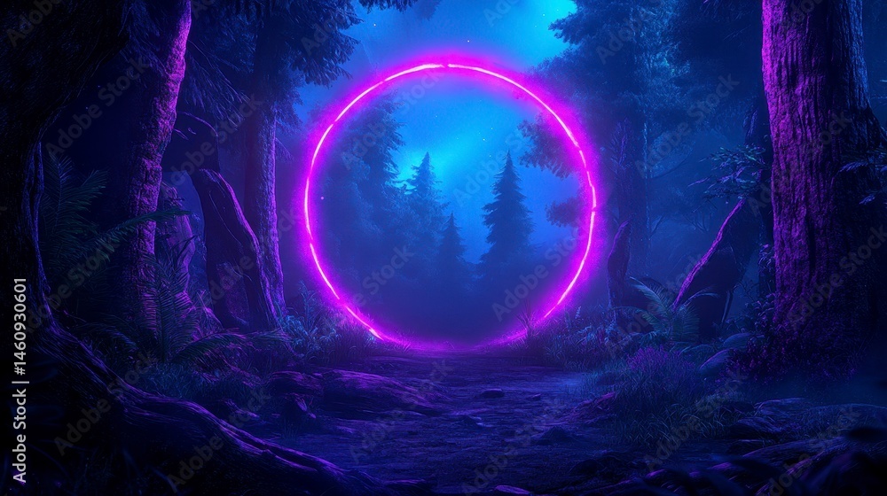 Poster mysterious glowing portal in an enchanting forest surrounded by lush foliage and towering trees unde