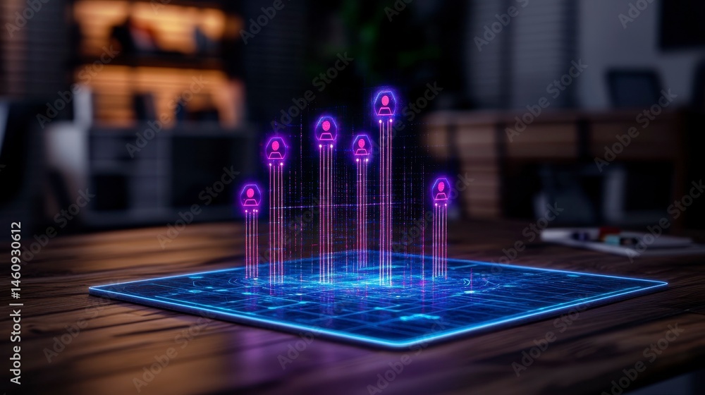 Poster futuristic holographic representation of user profiles emerging from a digital grid in a modern offi
