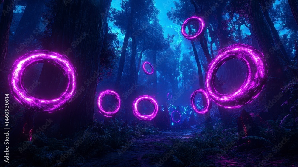 Poster mysterious forest pathway illuminated by glowing portals, blending fantasy elements with nature's tr
